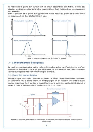 6
La fidélité est la qualité d'un capteur dont les erreurs accidentelles sont faibles. Il donne des
résultats peu dispersés autour de la valeur moyenne (Vmoy). On dit également que les mesures sont
reproductibles.
Enfin la précision est la qualité d'un appareil dont chaque mesure est proche de la valeur réelle
du mesurande. Il est donc à la fois fidèle et juste.
Figure 9 : Illustration des notions de fidélité et justesse
3 – Conditionnement des signaux
Le conditionnement permet de mettre en forme le signal mesuré en vue d’un traitement et d’une
transmission éventuelle. Il ne s’agit pas ici de faire un bilan exhaustif des conditionnements
associés aux capteurs mais d’en donner quelques exemples.
31 – Conversion courant-tension
Lorsque le signal de sortie du capteur est un courant, le rôle du convertisseur courant-tension est
de transformer celui-ci en une tension. Le montage (figure 10) est réalisé de telle sorte qu’aucun
courant ne parcoure Rc, et que tout le courant fourni par la source i(m) représentant le courant à
convertir traverse R et détermine la tension de sortie : vout = - R.i(m)
Figure 10 : Capteur générant un courant associé à un convertisseur courant-tension à amplificateur
opérationnel
Capteur
Convertisseur courant-tension
i(m)
R
voutRc
-
+
Cc
m
Vm Vmoy
Mesure peu juste et peu fidèle
Vm Vmoy
Mesure peu juste mais fidèle
Vm = Vmoy
Mesure juste mais peu fidèle
Vm = Vmoy
Mesure juste et fidèle
Densitédeprobabilité
D D
D D
 
