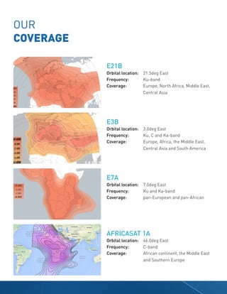 OUR
COVERAGE
E21B
Orbital location: 21.5deg East
Frequency: Ku-band
Coverage: Europe, North Africa, Middle East,
Central Asia
E3B
Orbital location: 3.0deg East
Frequency: Ku, C and Ka-band
Coverage: Europe, Africa, the Middle East,
Central Asia and South America
E7A
Orbital location: 7.0deg East
Frequency: Ku and Ka-band
Coverage: pan-European and pan-African
AFRICASAT 1A
Orbital location: 46.0deg East
Frequency: C-band
Coverage: African continent, the Middle East
and Southern Europe
 