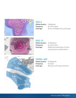 ISP SOLUTIONS FOR AFRICA
SES-5
Orbital location: 5.0deg East
Frequency: Ku and C-band
Coverage: Africa, the Middle East and Europe
NSS-12
Orbital location: 57.0deg East
Frequency: Ku and C-band
Coverage: Middle East and Europe, Central
and South Asia and East Africa
YAMAL-402
Orbital location: 55.0deg East
Frequency: Ku-band
Coverage: Most parts of Europe and Africa
 