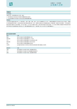 台灣股市 | 科技產業

                                                公司深入分析


免責宣言
分析師認證
負責分析師（或者負責參與的分析師）確認：
1. 本研究報告的內容係反映分析師對於相關證券的個人看法。
2. 分析師的報酬與本研究報告內容表述的個別建議或觀點無關。
免責聲明
本研究報告所載資料僅供參考，並不構成要約、招攬、邀請、宣傳、誘使，或任何不論種類或形式之表示、建議或推薦買賣本研究報告所述的任何證券。所載資
料乃秉持誠信原則所提供，並取自相信為可靠及準確之資料來源。然而，有關內容及看法並未考慮個別投資人之投資目標，財務狀況及特別需求。本研究報告所
載述的意見可隨時予以更改或撤回，恕不另行通知。本公司及任何關係企業等，皆有可能持有報告中提及的證券。本公司或任何關係企業會提供或嘗試提供投資
銀行或其他形式的服務給報告中提及的公司。富邦投顧保留報告內容之一切著作權，禁止以任何形式之抄襲及轉寄他人。




富邦的股票評等標準
評等           定義
買進           預估未來6個月內的絕對報酬超過 30%
增加持股         預估未來6個月內的絕對報酬介於 10-30%
中立           預估未來6個月內有絕對報酬介於10%與負10%之間
降低持股         預估未來6個月內的絕對報酬介於負10-負30%
賣出           預估未來6個月內的絕對報酬高於負30%
未評等          由於富邦目前與該公司有特定交易或沒有足夠的基本資料判斷該公司評等


產業評等         定義
加碼           預估該產業在未來6個月內會比大盤指數表現突出
持平           預估該產業在未來6個月內與大盤指數表現相較持平
減碼           預估該產業在未來6個月內會比大盤指數表現較差




請參閱末頁之免責宣言                                                           21
 