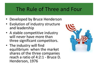 The Rule of Three and Four
• Developed by Bruce Henderson
• Evolution of industry structure
and leadership
• A stable competitive industry
will never have more than
three significant competitors.
• The industry will find
equilibrium when the market
shares of the three companies
reach a ratio of 4:2:1 - Bruce D.
Henderson, 1976
 