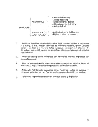 38
C. Anillos de Rasching: son cilindros huecos, cuyo diámetro va de 6 a 100 mm (1
/4 a 4 pulg.) o más. Pueden fabricarse de porcelana industrial, que es útil para
poner en contacto a la mayoría de los líquidos, con excepción de álcalis y HF;
de carbón, que es útil, excepto en atmósferas altamente oxidantes; de metales
o de plásticos.
D. Anillos de Lesing: anillos cilíndricos con particiones internas empleados con
menos frecuencia.
E. Sillas de montar de Berl e Intalox: se pueden conseguir en tamaños de 6 a 75
mm (1/4 a 3 pulg.); se fabrican de porcelanas químicas o plásticos.
F. Anillos de Pall: también conocidos como Flexirings, anillos de cascada y,
como una variación, los Hy - Pak, se pueden obtener de metal y de plástico.
G. Tellerettes: se pueden conseguir en forma de espiral y de plástico.
- Anillos de Rasching
- Anillos de Lesing
- Sillas de montar de Berl
- Sillas de montar de Intalox
- Anillos de Pall.
ALEATORIOS
- Anillos hacinados de Rasching
- Rejillas o vallas de madera
REGULARES O
AMONTONADO
EMPAQUES
 