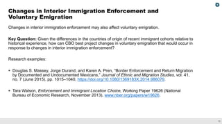 10
Changes in interior immigration enforcement may also affect voluntary emigration.
Key Question: Given the differences in the countries of origin of recent immigrant cohorts relative to
historical experience, how can CBO best project changes in voluntary emigration that would occur in
response to changes in interior immigration enforcement?
Research examples:
§ Douglas S. Massey, Jorge Durand, and Karen A. Pren, “Border Enforcement and Return Migration
by Documented and Undocumented Mexicans,” Journal of Ethnic and Migration Studies, vol. 41,
no. 7 (June 2015), pp. 1015–1040, https://doi.org/10.1080/1369183X.2014.986079.
§ Tara Watson, Enforcement and Immigrant Location Choice, Working Paper 19626 (National
Bureau of Economic Research, November 2013), www.nber.org/papers/w19626.
Changes in Interior Immigration Enforcement and
Voluntary Emigration
 