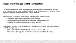 4
The total fertility rate represents the average number of children that a woman would have if, in each year of her life, she experienced the birth rates observed or assumed for that year
and if she survived her entire childbearing period.
CBO bases its estimates of net immigration on its assessment of recent trends and aims
for its projections to fall in the middle of the likely range of outcomes in the absence of new
legislation or significant administrative or judicial changes.
Several factors cause those projections of net immigration to be uncertain:
– Changes in law and administrative actions over time,
– Limited data on individuals entering the United States illegally, and
– Changing conditions in immigrants’ countries of origin.
Projections of changes in net immigration are central to CBO’s Social Security projections
for the following reasons:
– Changes could affect the total fertility rate (see previous slide), and
– Changes in net immigration would affect tax revenues and benefit outlays.
Projecting Changes in Net Immigration
 