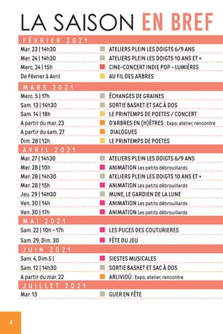 LA SAISON EN BREFF É V R I E R 2 0 2 1
Mar. 23 | 14h30 ATELIERS PLEIN LES DOIGTS 6/9 ANS
Mer. 24 | 14h30 ATELIERS PLEIN LES DOIGTS 10 ANS ET +
Merc. 24 | 15h CINE-CONCERT INDIE POP - LUMIÈRES
De Février à Avril AU FIL DES ARBRES
M A R S 2 0 2 1
Merc. 5 | 17h ÉCHANGES DE GRAINES
Sam. 13 | 14h30 SORTIE BASKET ET SAC À DOS
Sam. 14 | 18h LE PRINTEMPS DE POETES / CONCERT
A partir du mar. 23 D'ARBRES EN (H)ÊTRES : Expo, atelier, rencontre
A partir du sam. 27 DIALOGUES
Dim. 28 | 12h LE PRINTEMPS DE POETES
A V R I L 2 0 2 1
Mar. 27 | 14h30 ATELIERS PLEIN LES DOIGTS 6/9 ANS
Mer. 28 | 10h ANIMATION Les petits débrouillards
Mer. 28 | 14h30 ATELIERS PLEIN LES DOIGTS 10 ANS ET +
Mer. 28 | 15h ANIMATION Les petits débrouillards
Jeu. 29 | 14H30 MUNE, LE GARDIEN DE LA LUNE
Ven. 30 | 14h ANIMATION Les petits débrouillards
Ven. 30 | 17h ANIMATION Les petits débrouillards
M A I 2 0 2 1
Sam. 22 | 10h - 17h LES PUCES DES COUTURIERES
Sam. 29, Dim. 30 FÊTE DU JEU
J U I N 2 0 2 1
Sam. 4, Dim.5 | SIESTES MUSICALES
Sam. 12 | 14h30 SORTIE BASKET ET SAC À DOS
A partir du mar. 22 ARLIVIOÙ : Expo, atelier, rencontre
J U I L L E T 2 0 2 1
Mar. 13 GUER EN FÊTE
4
 