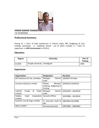 Page 1
VINOD KUMAR THAKUR
+91-9478028296
Professional Summary:
Having 15 + Years of total experiences in Internal Audit, MIS, Budgeting & Cost
Cuttings techniques in Corporate Sectors out of which includes 4 + Years of
experience in SAP Environment in ECC6.0.
Education:
Degree University Year of
Passing
B.COM Punjab University, Chandigarh 1998
Experience:
Organization Designation Duration
RFH Solutions (P) Ltd., Jalandhar Manager Internal
Audit
(10/2015-till date)
Eastman Industries Limited Deputy Manager
Auditing, Budgeting &
Costing.
(04/2014)-(10/2015)
Lakshmi Energy & Foods
Limited.
Manager Internal
Audit
(02/2010) – (04/2014)
Fedders Lloyd Corporation
Limited.
Accounts Officer (02/2008) – (02/2010)
Eastman Cast & Forge Limited Sr. Executive Audit &
MIS
(08/2003)-(02/2008)
KNIT-O-CRAFT Assistant Accounts (09/1998) – (08/2003)
 