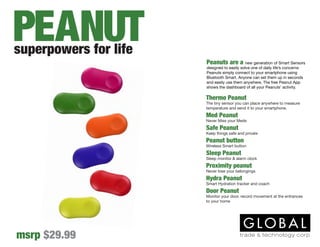 Peanuts are a new generation of Smart Sensors
designed to easily solve one of daily life’s concerns
Peanuts simply connect to your smartphone using
Bluetooth Smart. Anyone can set them up in seconds
and easily use them anywhere. The free Peanut App
shows the dashboard of all your Peanuts’ activity.
superpowers for life
msrp $29.99
PEANUT
Thermo Peanut
The tiny sensor you can place anywhere to measure
temperature and send it to your smartphone.
Med Peanut
Never Miss your Meds
Safe Peanut
Keep things safe and private
Peanut button
Wireless Smart button
Sleep Peanut
Sleep monitor & alarm clock
Proximity peanut
Never lose your belongings
Hydra Peanut
Smart Hydration tracker and coach
Door Peanut
Monitor your door, record movement at the entrances
to your home
 