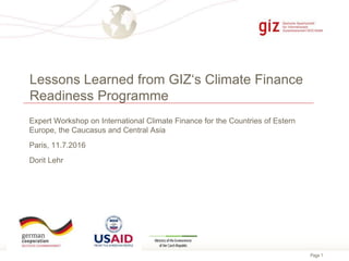 Page 1
Expert Workshop on International Climate Finance for the Countries of Estern
Europe, the Caucasus and Central Asia
Paris, 11.7.2016
Dorit Lehr
Lessons Learned from GIZ‘s Climate Finance
Readiness Programme
 
