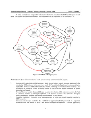 International Business & Economics Research Journal – January 2008                                 Volume 7, Number 1

        A matrix (Table 2) was completed to indicate how the factors included in the FCM would impact on each
other. The result of the consolidated feedback from respondents can be represented by the following FCM.



                                                      Accuracy of
                                                      Monitoring
                                                      Equipment

                                                                                                     GHG
                                                                                                   Reduction
                                 Number of                                                         Operating
                                  Potential                      Window of                           Costs
                                 Approved                        Opportunity
                                Methodologies


                                                                                  Time needed    Potential
                                                                                  to implement   Financial
                                                                                                  Benefit
                                                 Capex
                                                Required

         Lack of                                                            Cost to
          GHG                                                             Implement
                                Choice of
        Legislation             Existing
                                GHG Red
                               Technology                  Registration
                                                              Cost




                                         Base of                               CO2e                Positive
                                          GHG                                Reduction               PR
                                        Emissions                            Potential




                                                              Industry Drive
                                                             to Reduce GHG

                                    Figure 1: Final FCM without policy nodes.


Positive factors: These factors would drive South African industry to implement CDM projects.

        Existing GHG reduction technology available: South African industry has not spent vast amounts of effort
        on reducing GHG emissions in the past. As a result, the “current technology in use is not necessarily the
        least carbon intensive” and therefore alternative cleaner technology is available in many instances. The
        availability of alternative cleaner technology results in quicker CDM project realisation, as proven
        technology can be used.
        Potential financial benefit: Because CERs can be earned for voluntary GHG emission reduction, this “acts
        as a financial incentive for industry to implement CDM projects” to reduce GHG emissions. This gives
        project developers a “means to motivate the implementation” of such projects.
        Financing availability: According to the respondents there is “more than enough financing available for
        CDM projects”.
        Approved methodologies available: The availability of approved methodologies results in a significant
        reduction in the time needed to get a CDM project developed and approved. Although applicability



                                                               87
 