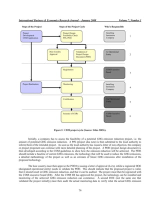 International Business & Economics Research Journal – January 2008                                   Volume 7, Number 1

   Steps of the Project                Steps of the Project Cycle                 Who's Responsible

   Project                                  Project Design                             Installing
   Development                              Feasibility Check                          Institution           1
   CDM Application                          PIN, PDD                                   Company




                             Host Country                   Validation of          1st Operational
                             Approval                       Project Design         Entity                    2
                                                            Document (PDD)




                                            Registration                           CDM Executive
                                                                                   Board                     3



   Project Realisation                      Monitoring                             Installing
                                                                                   Institution               4
                                                                                   Company



                                            Certification                              2nd Operational
                                                                                       Entity                5



                                            Issuance of CERs                           CDM Executive
                                                                                       Board                 6




                                 Figure 2: CDM project cycle (Source: Stiles 2005c).


         Initially, a company has to assess the feasibility of a potential GHG emission reduction project, i.e. the
amount of potential GHG emission reduction. A PIN (project idea note) is then submitted to the local authority to
inform them of the intended project. As soon as the local authority has issued a letter of non-objection, the company
or project proponent can continue with more detailed planning of the project. A PDD (project design document) is
then developed according to the CDM guidelines to show how the emission reduction will be achieved. The PDD
should include a baseline of current GHG emissions, the technology that will be used to reduce the GHG emissions,
a detailed methodology of the project as well as an estimate of future GHG emissions after installation of the
proposed technology.

          The host country must then approve the PDD by issuing a letter of approval (LoA), whilst a registered DOE
(designated operational entity) needs to validate the PDD. This should indicate that the proposed project is valid,
that it should result in GHG emission reduction, and that it can be audited. The project must then be registered with
the CDM executive board (EB). After the CDM EB has approved the project, the technology can be installed and
monitoring of the achieved GHG emission reduction can commence. A second DOE (not the same one that
validated the project initially) must then audit the actual monitoring data to verify what the actual GHG emission


                                                                79
 