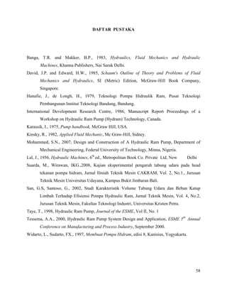 DAFTAR PUSTAKA




Banga, T.R. and Makker, B.P., 1983, Hydraulics, Fluid Mechanics and Hydraulic
       Machines, Khanna Publishers, Nai Sarak Delhi.
David, J.P. and Edward, H.W., 1985, Schaum's Outline of Theory and Problems of Fluid
       Mechanics and Hydraulics, SI (Metric) Edition, McGraw-Hill Book Company,
       Singapore.
Hanafie, J., de Longh, H., 1979, Teknologi Pompa Hidraulik Ram, Pusat Teknologi
       Pembangunan Institut Teknologi Bandung, Bandung.
International Development Research Centre, 1986, Manuscript Report Proceedings of a
       Workshop on Hydraulic Ram Pump (Hydram) Technology, Canada.
Karassik, I., 1975, Pump handbook, McGraw Hill, USA.
Kinsky, R., 1982, Applied Fluid Mechanic, Mc Graw-Hill, Sidney.
Mohammed, S.N., 2007, Design and Construction of A Hydraulic Ram Pump, Department of
       Mechanical Engineering, Federal University of Technology, Minna, Nigeria.
Lal, J., 1956, Hydraulic Machines, 6th ed., Metropolitan Book Co. Private Ltd, New     Delhi
Suarda, M., Wirawan, IKG.,2008, Kajian eksperimental pengaruh tabung udara pada head
       tekanan pompa hidram, Jurnal Ilmiah Teknik Mesin CAKRAM, Vol. 2, No.1., Jurusan
       Teknik Mesin Universitas Udayana, Kampus Bukit Jimbaran Bali.
San, G.S, Santoso, G., 2002, Studi Karakteristik Volume Tabung Udara dan Beban Katup
       Limbah Terhadap Efisiensi Pompa Hydraulic Ram, Jurnal Teknik Mesin, Vol. 4, No.2,
       Jurusan Teknik Mesin, Fakultas Teknologi Industri, Universitas Kristen Petra.
Taye, T., 1998, Hydraulic Ram Pump, Journal of the ESME, Vol II, No. 1
Tessema, A.A., 2000, Hydraulic Ram Pump System Design and Application, ESME 5th Annual
       Conference on Manufacturing and Process Industry, September 2000.
Widarto, L., Sudarto, FX., 1997, Membuat Pompa Hidram, edisi 8, Kanisius, Yogyakarta.




                                                                                           58
 