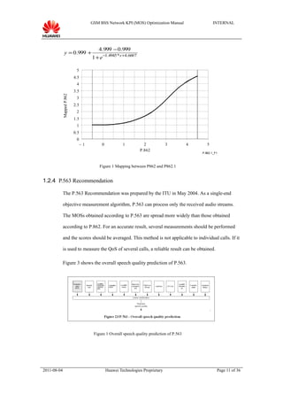 GSM BSS Network KPI (MOS) Optimization Manual                     INTERNAL




                                          4.999 − 0.999
                y = 0.999 +
                                       1 + e −1.4945 *x +4.6607

                             5
                            4.5
                             4
                            3.5
             Mapped P.862




                             3
                            2.5
                             2
                            1.5
                             1
                            0.5
                             0
                                  –1        0            1          2             3           4      5
                                                                  P.862
                                                                                                  P.862.1_F1



                                           Figure 1 Mapping between P862 and P862.1


1.2.4 P.563 Recommendation

             The P.563 Recommendation was prepared by the ITU in May 2004. As a single-end

             objective measurement algorithm, P.563 can process only the received audio streams.

             The MOSs obtained according to P.563 are spread more widely than those obtained

             according to P.862. For an accurate result, several measurements should be performed

             and the scores should be averaged. This method is not applicable to individual calls. If it

             is used to measure the QoS of several calls, a reliable result can be obtained.

             Figure 3 shows the overall speech quality prediction of P.563.




                                        Figure 1 Overall speech quality prediction of P.563




2011-08-04                                      Huawei Technologies Proprietary                            Page 11 of 36
 
