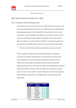 GSM BSS Network KPI (MOS) Optimization Manual                       INTERNAL




                                        Figure 1 Fault location flow



3.2 Method of Solving the Problem of Low MOS

3.2.1 Consistency Check and Sample Check

             The consistency check involves the test devices, the MSs that serve the test devices, and

             the grading standards adopted by the test devices. Different test devices adopt different

             grading standards and are served by different MSs. These differences lead to various

             combinations, which will definitely cause differences in the opinion scores. Even if the

             same device uses different grading standards, the difference in the opinion scores is

             large. For example, if you use the Comarco and DSLA to test the speech quality of the

             same speech code, the MOS with the Comarco is lower than the MOS with the DSLA.

                  The Comarco and the DSLA adopt different grading standards, test samples, and test MSs.




             If the test samples are different, the test results differ irrespective of whether the

             environment (for example, shielded cabinet in non-interference environment), MS,

             wireless equipment, core network equipment, and parameter setting are the same.

             Therefore, the speech samples for the speech tests before and after the network

             replacement must be the same. The following table lists the mapping between the speech

             sample and the MOS. According to Table 4, the MOS varies according to the speech

             sample. The tests of a large number of speech samples show that American English has

             the highest MOS, German has the second highest MOS, and Spanish has the third

             highest MOS.


                             Table 1 Mapping between speech sample and MOS
                                   Network         Speech          MOS
                                   Type            Sample
                                   900M            French                 3.4
                                   900M            Italian               3.46
                                   900M            Arabic                 3.5
                                   900M            Russian               3.54
                                   900M            Japanese              3.54
                                   900M            Greek                 3.57
                                   900M            Spanish               3.59
2011-08-04                          Huawei Technologies Proprietary                               Page 21 of 36
 