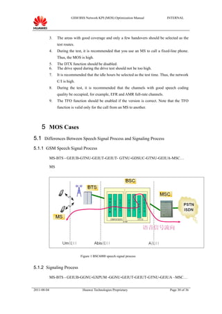 GSM BSS Network KPI (MOS) Optimization Manual                 INTERNAL




             3.   The areas with good coverage and only a few handovers should be selected as the
                  test routes.
             4.   During the test, it is recommended that you use an MS to call a fixed-line phone.
                  Thus, the MOS is high.
             5.   The DTX function should be disabled.
             6.   The drive speed during the drive test should not be too high.
             7.   It is recommended that the idle hours be selected as the test time. Thus, the network
                  C/I is high.
             8.   During the test, it is recommended that the channels with good speech coding
                  quality be occupied, for example, EFR and AMR full-rate channels.
             9.   The TFO function should be enabled if the version is correct. Note that the TFO
                  function is valid only for the call from an MS to another.




     5 MOS Cases
5.1 Differences Between Speech Signal Process and Signaling Process
5.1.1 GSM Speech Signal Process

             MS-BTS - GEIUB-GTNU-GEIUT-GEIUT- GTNU-GDSUC-GTNU-GEIUA-MSC…

             MS




                                 Figure 1 BSC6000 speech signal process


5.1.2 Signaling Process

             MS-BTS - GEIUB-GGNU-GXPUM -GGNU-GEIUT-GEIUT-GTNU-GEIUA –MSC…


2011-08-04                        Huawei Technologies Proprietary                          Page 30 of 36
 