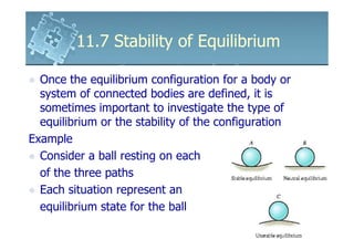 11.7 Stability of Equilibrium

  Once the equilibrium configuration for a body or
  system of connected bodies are defined, it is
  sometimes important to investigate the type of
  equilibrium or the stability of the configuration
Example
  Consider a ball resting on each
  of the three paths
  Each situation represent an
  equilibrium state for the ball
 