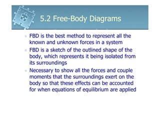 5.2 Free-Body Diagrams

FBD is the best method to represent all the
known and unknown forces in a system
FBD is a sketch of the outlined shape of the
body, which represents it being isolated from
its surroundings
Necessary to show all the forces and couple
moments that the surroundings exert on the
body so that these effects can be accounted
for when equations of equilibrium are applied
 