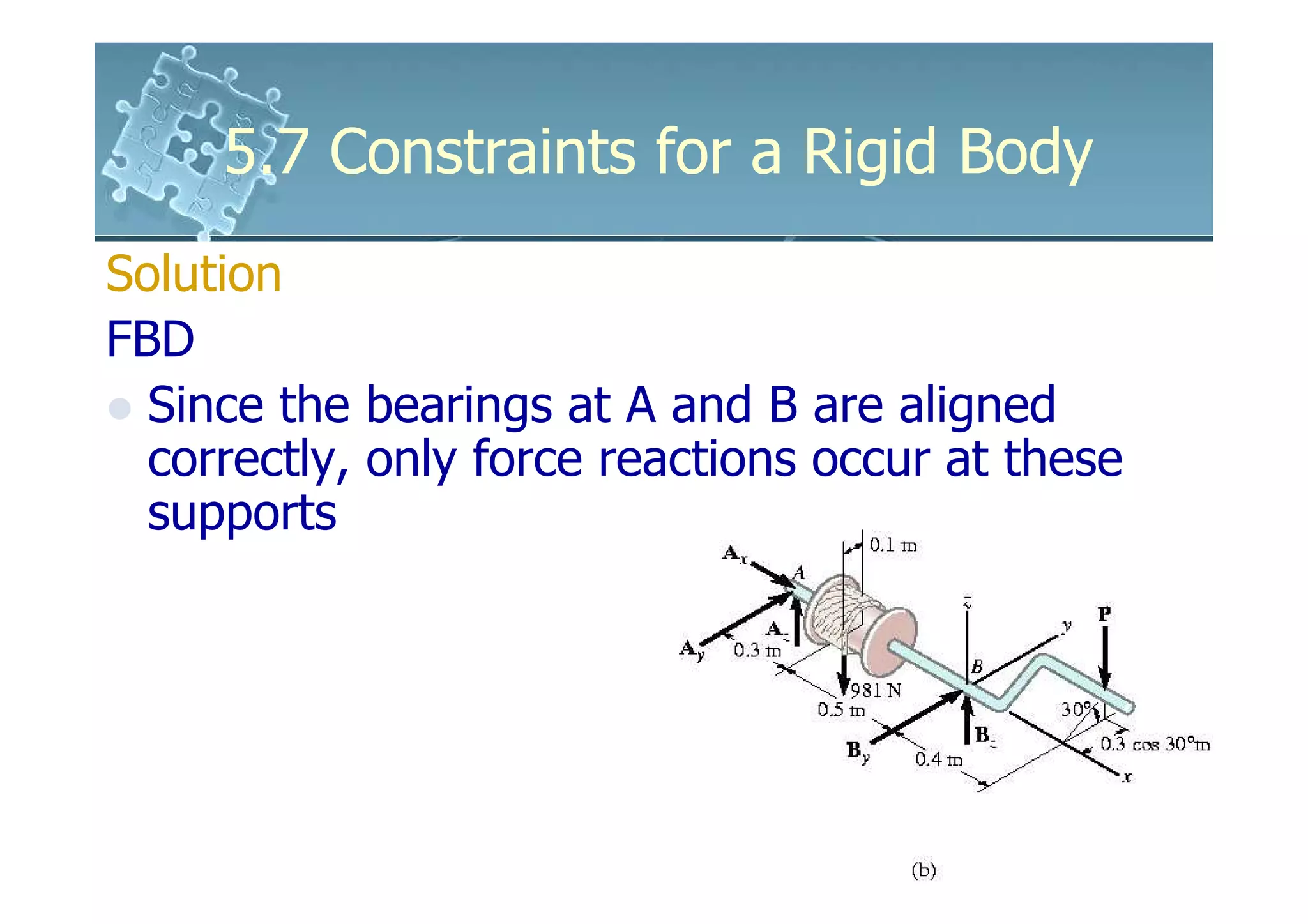 5.7 Constraints for a Rigid Body
Solution
FBD
  Since the bearings at A and B are aligned
  correctly, only force reactions occur at these
  supports
 