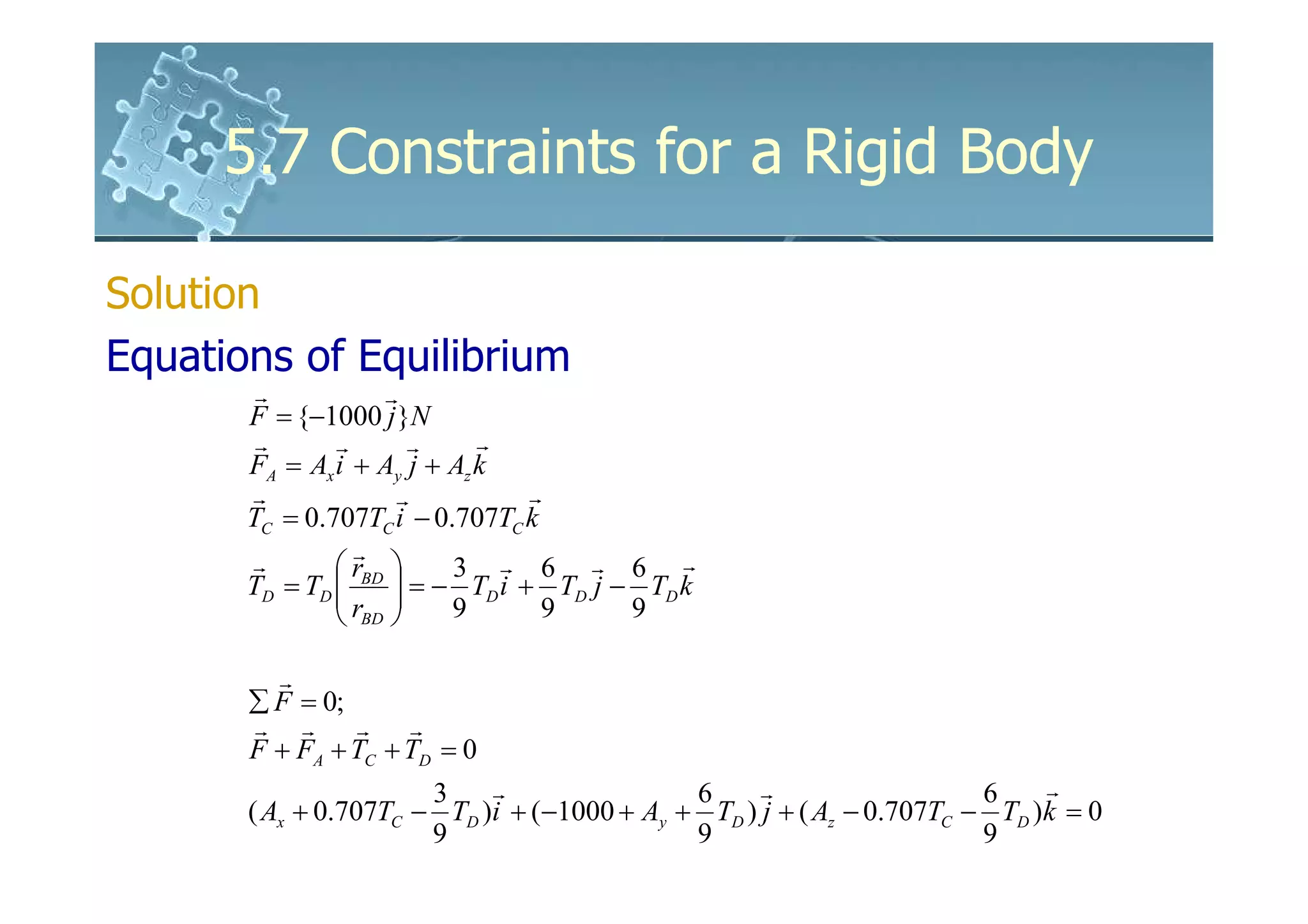 5.7 Constraints for a Rigid Body

Solution
Equations of Equilibrium
        r           r
       F = {−1000 j }N
        r      r       r     r
       FA = Ax i + Ay j + Az k
       r             r           r
       TC = 0.707TC i − 0.707TC k
                 r
       r        rBD     3 r 6 r 6 r
       TD = TD 
                r  = − 9 TD i + 9 TD j − 9 TD k
                     
                BD 

         r
       ∑ F = 0;
       r r      r r
       F + FA + TC + TD = 0
                       3    r                6     r                   6    r
       ( Ax + 0.707TC − TD )i + (−1000 + Ay + TD ) j + ( Az − 0.707TC − TD )k = 0
                       9                     9                         9
 