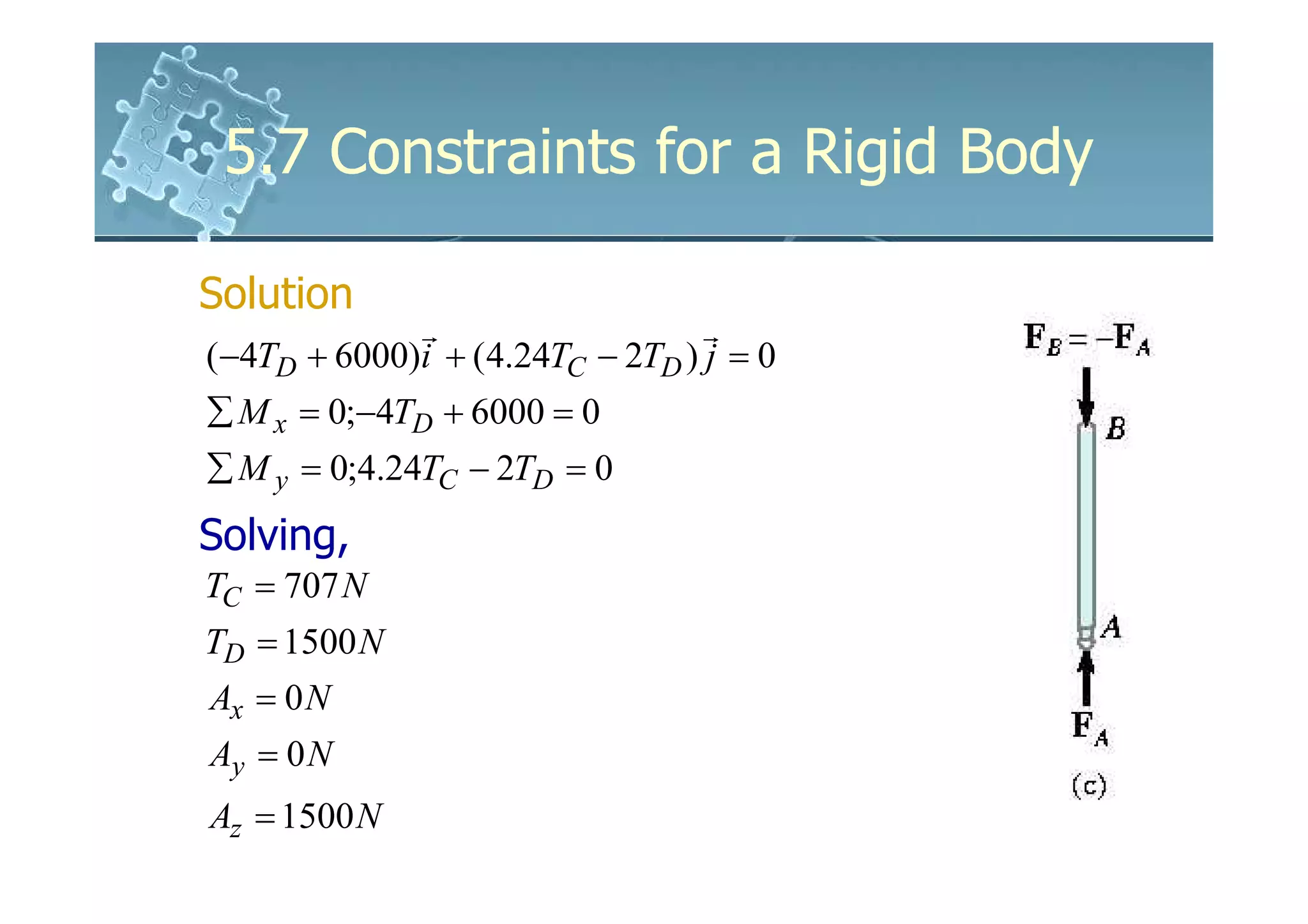 5.7 Constraints for a Rigid Body

Solution
             r                    r
(−4TD + 6000)i + ( 4.24TC − 2TD ) j = 0
∑ M x = 0;−4TD + 6000 = 0
∑ M y = 0;4.24TC − 2TD = 0
Solving,
TC = 707 N
TD = 1500 N
Ax = 0 N
Ay = 0 N
Az = 1500 N
 