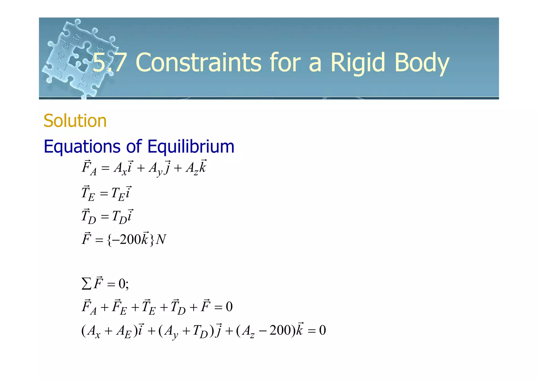 5.7 Constraints for a Rigid Body

Solution
Equations of Equilibrium
     r    r    r    r
    FA = Ax i + Ay j + Az k
    r       r
    TE = TE i
    r        r
    TD = TD i
     r         r
    F = {−200k }N

       r
    ∑ F = 0;
     r     r     r    r     r
    FA + FE + TE + TD + F = 0
               r               r              r
    ( Ax + AE )i + ( Ay + TD ) j + ( Az − 200)k = 0
 