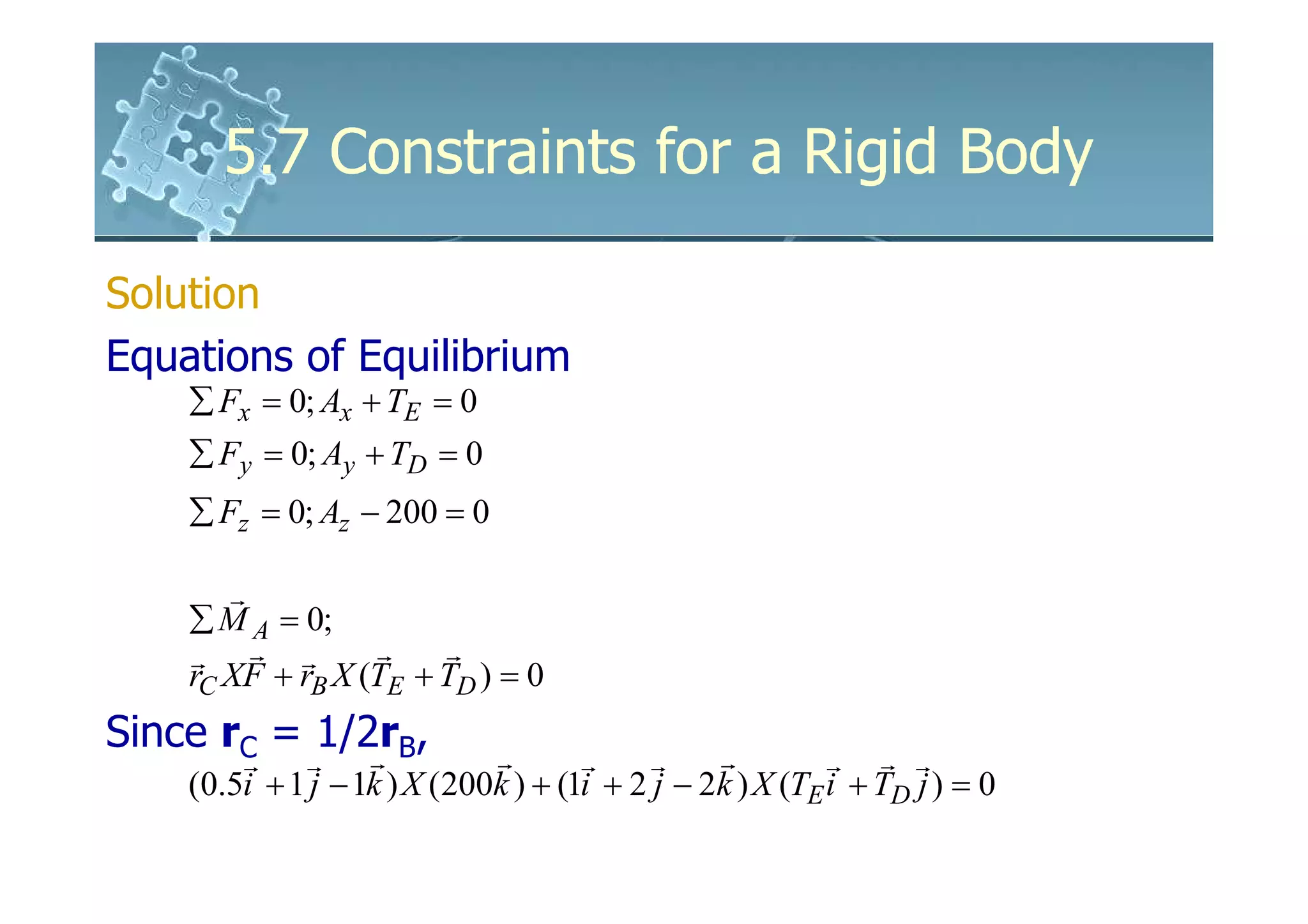 5.7 Constraints for a Rigid Body

Solution
Equations of Equilibrium
    ∑ Fx = 0; Ax + TE = 0
    ∑ Fy = 0; Ay + TD = 0
    ∑ Fz = 0; Az − 200 = 0

       r
    ∑ M A = 0;
    r r r         r    r
    rC XF + rB X (TE + TD ) = 0
Since rC = 1/2rB,
              r              r                  r
        r r                          r     r              r r r
    (0.5i + 1 j − 1k ) X (200k ) + (1i + 2 j − 2k ) X (TE i + TD j ) = 0
 