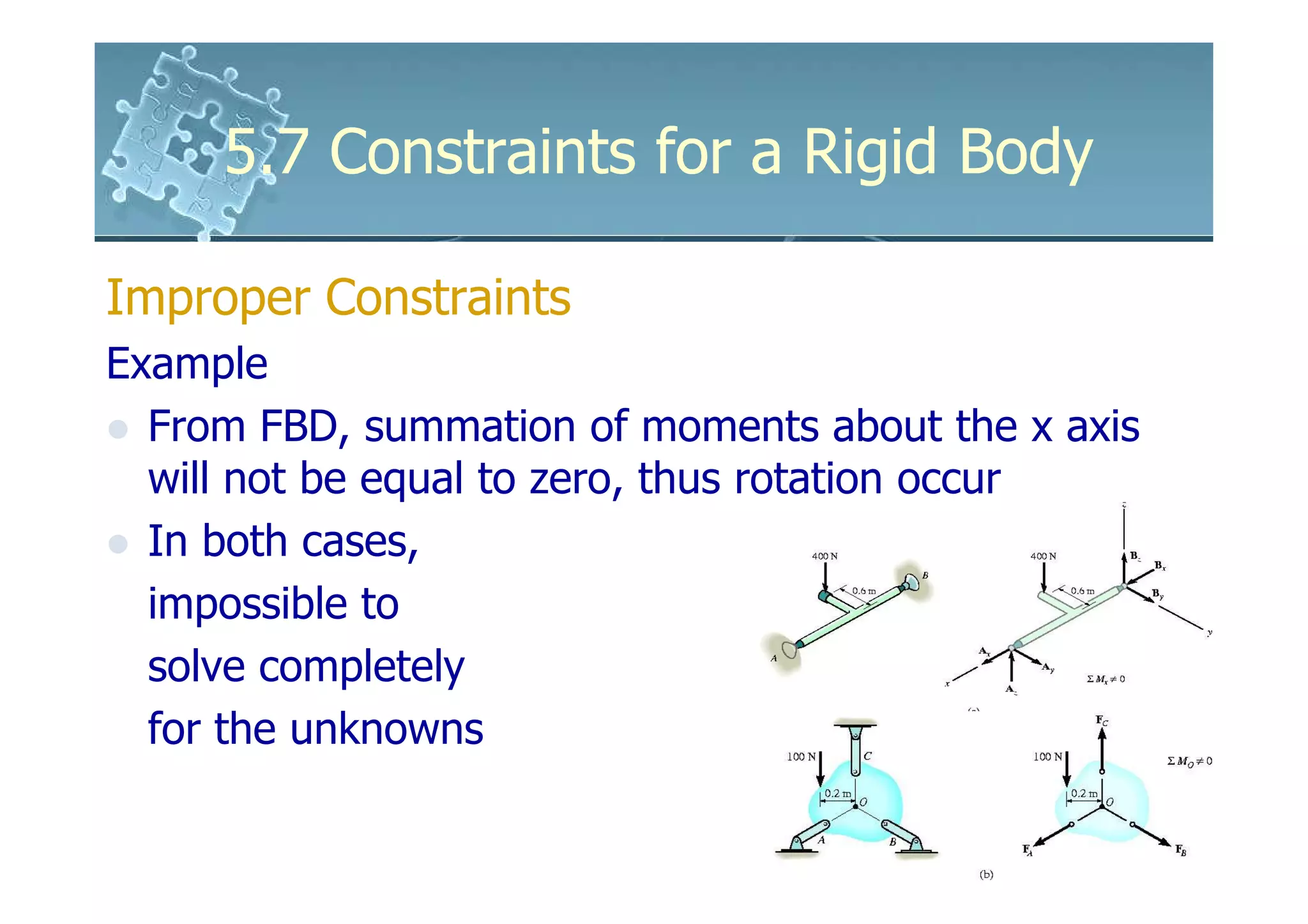 5.7 Constraints for a Rigid Body

Improper Constraints
Example
  From FBD, summation of moments about the x axis
  will not be equal to zero, thus rotation occur
  In both cases,
  impossible to
  solve completely
  for the unknowns
 