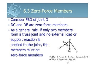 6.3 Zero-Force Members
Consider FBD of joint D
DC and DE are zero-force members
As a general rule, if only two members
form a truss joint and no external load or
support reaction is
applied to the joint, the
members must be
zero-force members
 