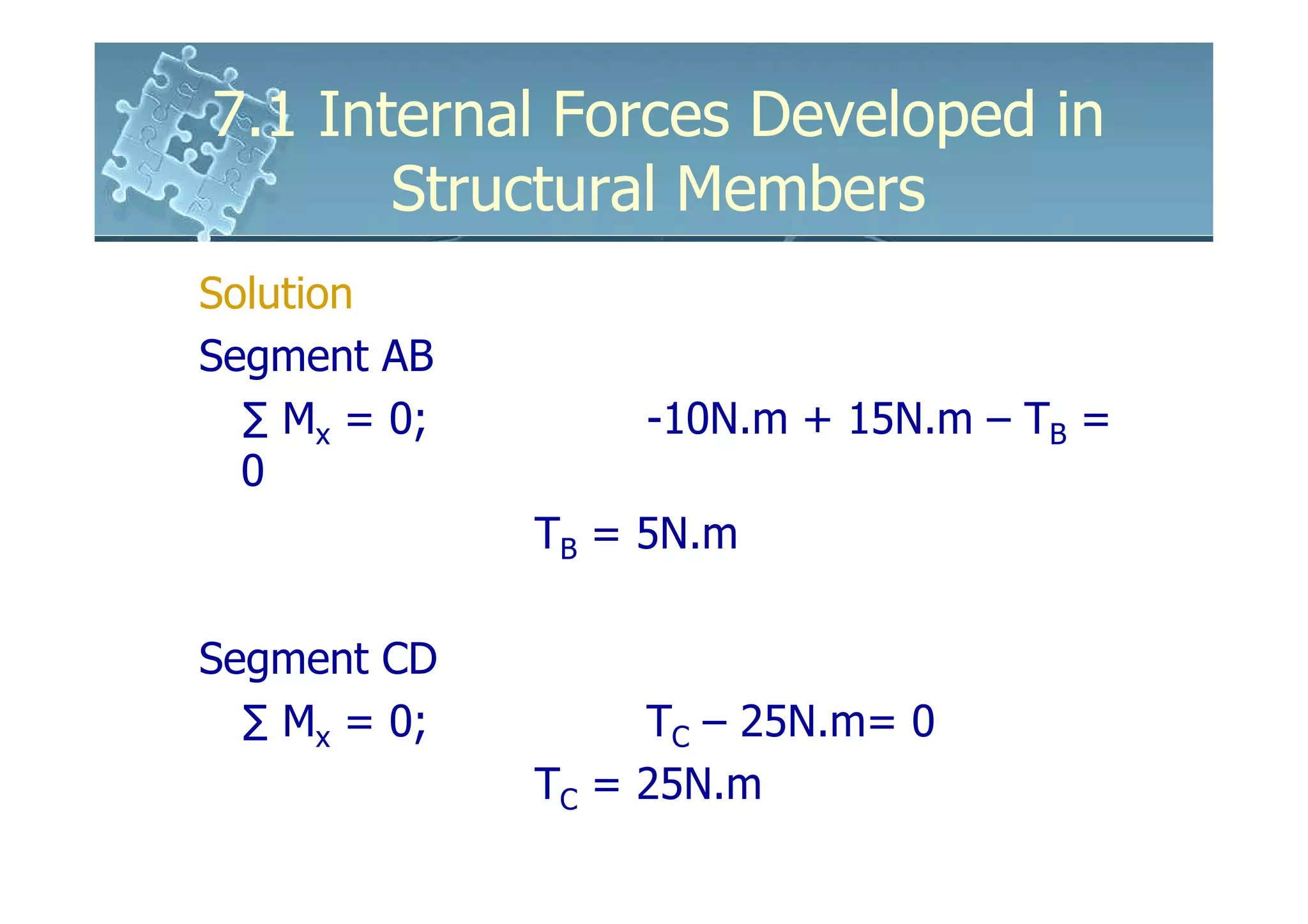7.1 Internal Forces Developed in
       Structural Members
Solution
Segment AB
  ∑ Mx = 0;        -10N.m + 15N.m – TB =
  0
              TB = 5N.m

Segment CD
  ∑ Mx = 0;        TC – 25N.m= 0
              TC = 25N.m
 
