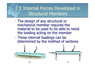 7.1 Internal Forces Developed in
       Structural Members
 The design of any structural or
 mechanical member requires the
 material to be used to be able to resist
 the loading acting on the member
 These internal loadings can be
 determined by the method of sections
 