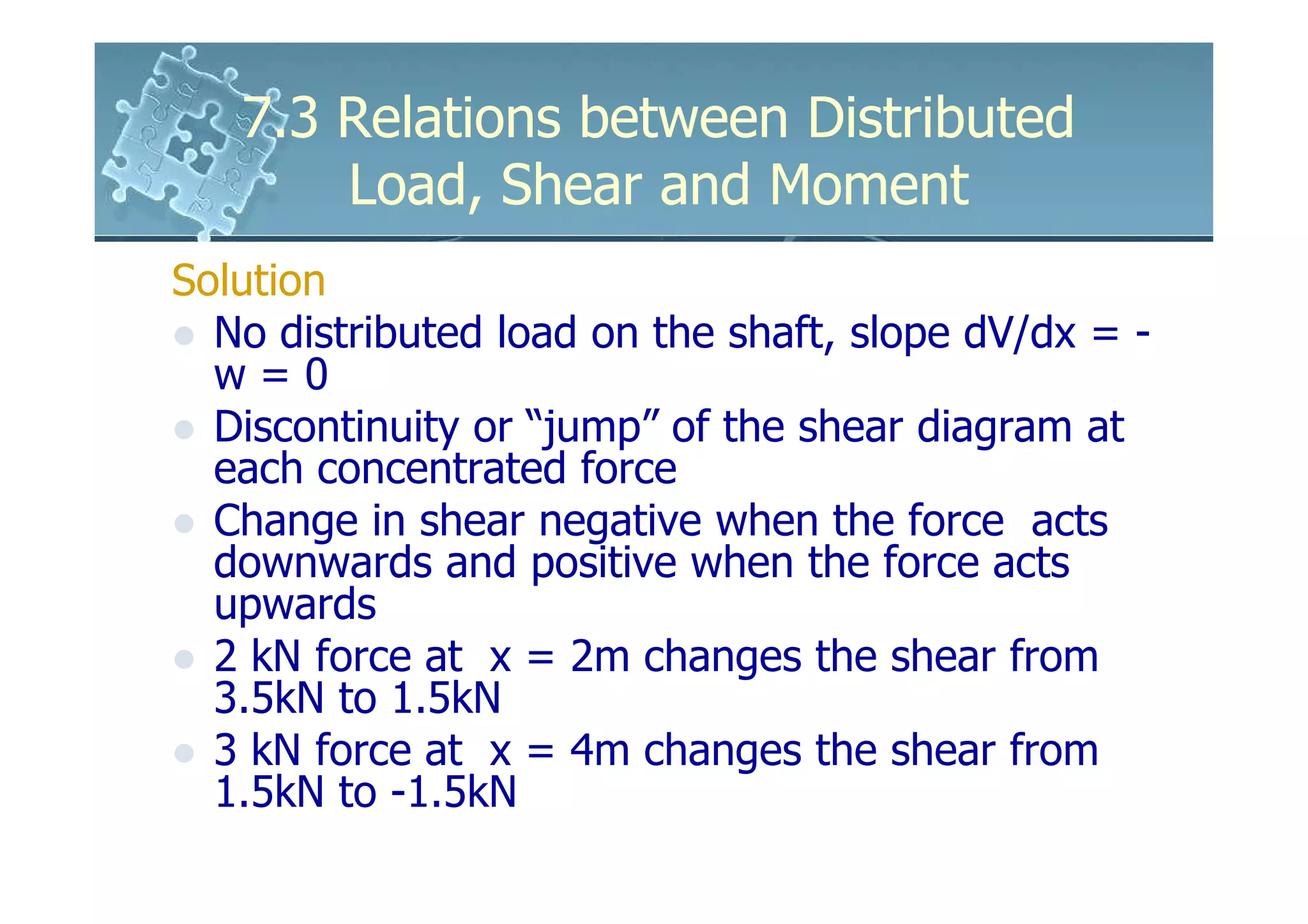 7.3 Relations between Distributed
       Load, Shear and Moment
Solution
  No distributed load on the shaft, slope dV/dx = -
  w=0
  Discontinuity or “jump” of the shear diagram at
  each concentrated force
  Change in shear negative when the force acts
  downwards and positive when the force acts
  upwards
  2 kN force at x = 2m changes the shear from
  3.5kN to 1.5kN
  3 kN force at x = 4m changes the shear from
  1.5kN to -1.5kN
 