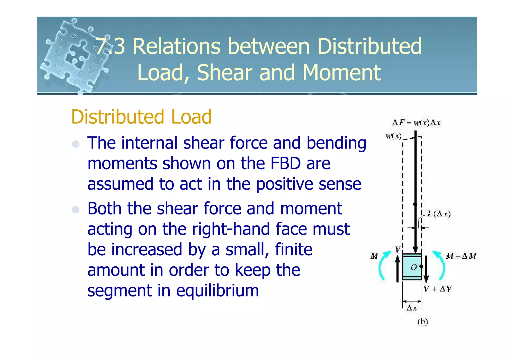 7.3 Relations between Distributed
      Load, Shear and Moment
Distributed Load
 The internal shear force and bending
 moments shown on the FBD are
 assumed to act in the positive sense
 Both the shear force and moment
 acting on the right-hand face must
 be increased by a small, finite
 amount in order to keep the
 segment in equilibrium
 