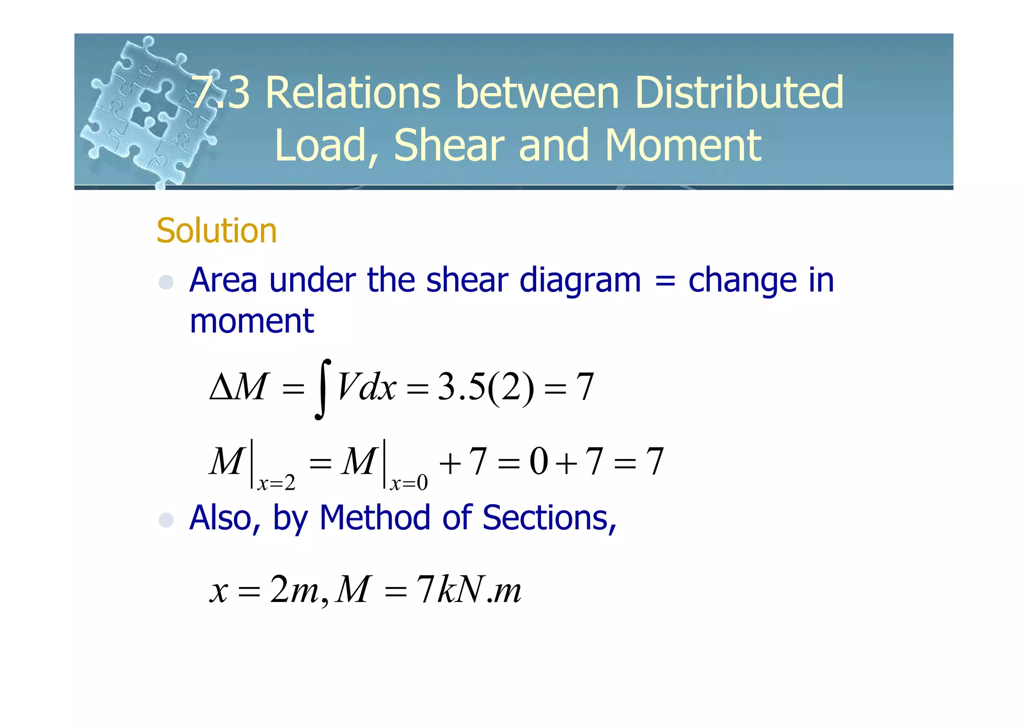 7.3 Relations between Distributed
      Load, Shear and Moment
Solution
  Area under the shear diagram = change in
  moment
   ∆M = ∫ Vdx = 3.5(2) = 7
   M   x=2
             =M   x =0
                         +7 = 0+7 = 7
  Also, by Method of Sections,

   x = 2m, M = 7 kN .m
 
