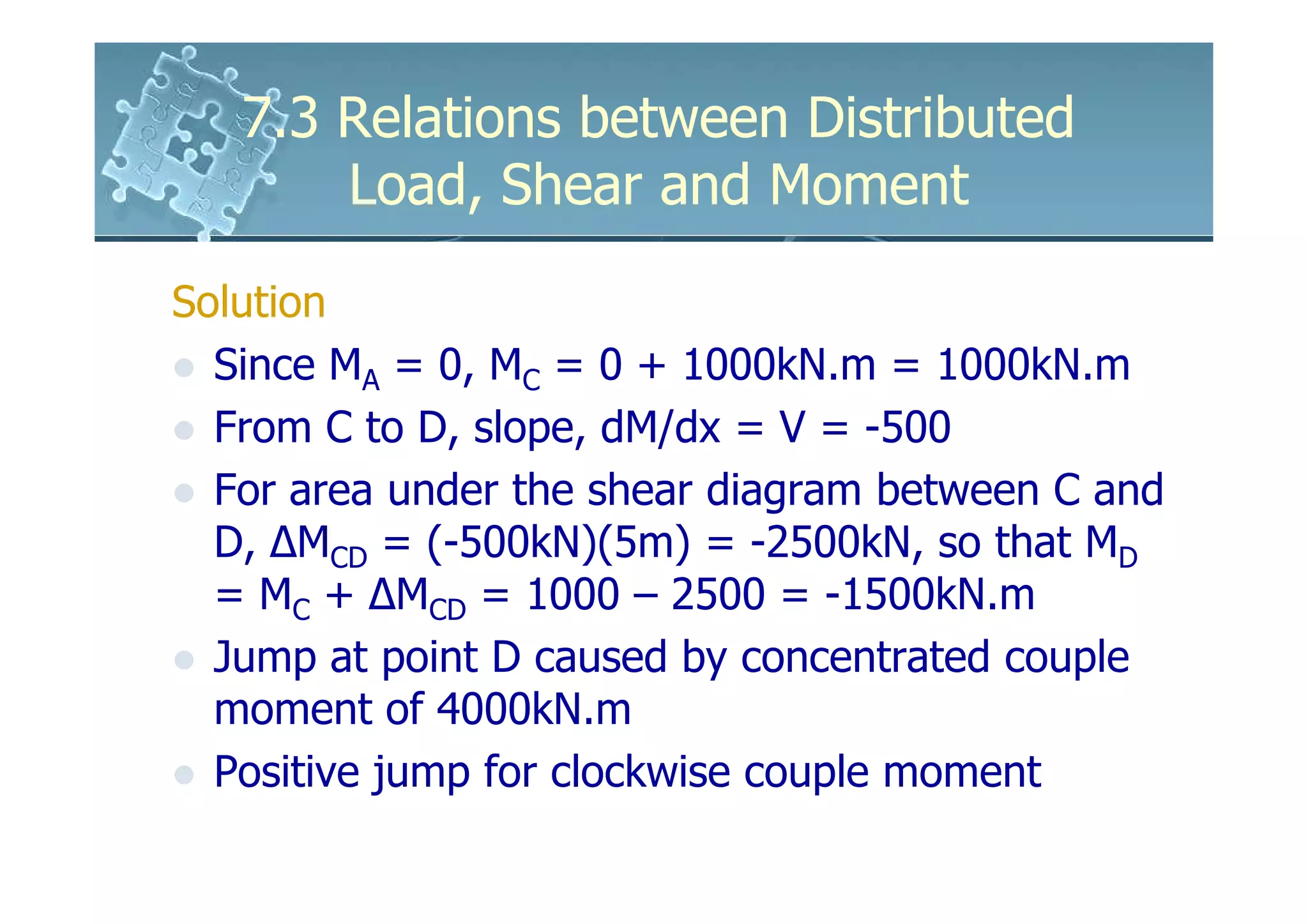 7.3 Relations between Distributed
       Load, Shear and Moment

Solution
  Since MA = 0, MC = 0 + 1000kN.m = 1000kN.m
  From C to D, slope, dM/dx = V = -500
  For area under the shear diagram between C and
  D, ∆MCD = (-500kN)(5m) = -2500kN, so that MD
  = MC + ∆MCD = 1000 – 2500 = -1500kN.m
  Jump at point D caused by concentrated couple
  moment of 4000kN.m
  Positive jump for clockwise couple moment
 