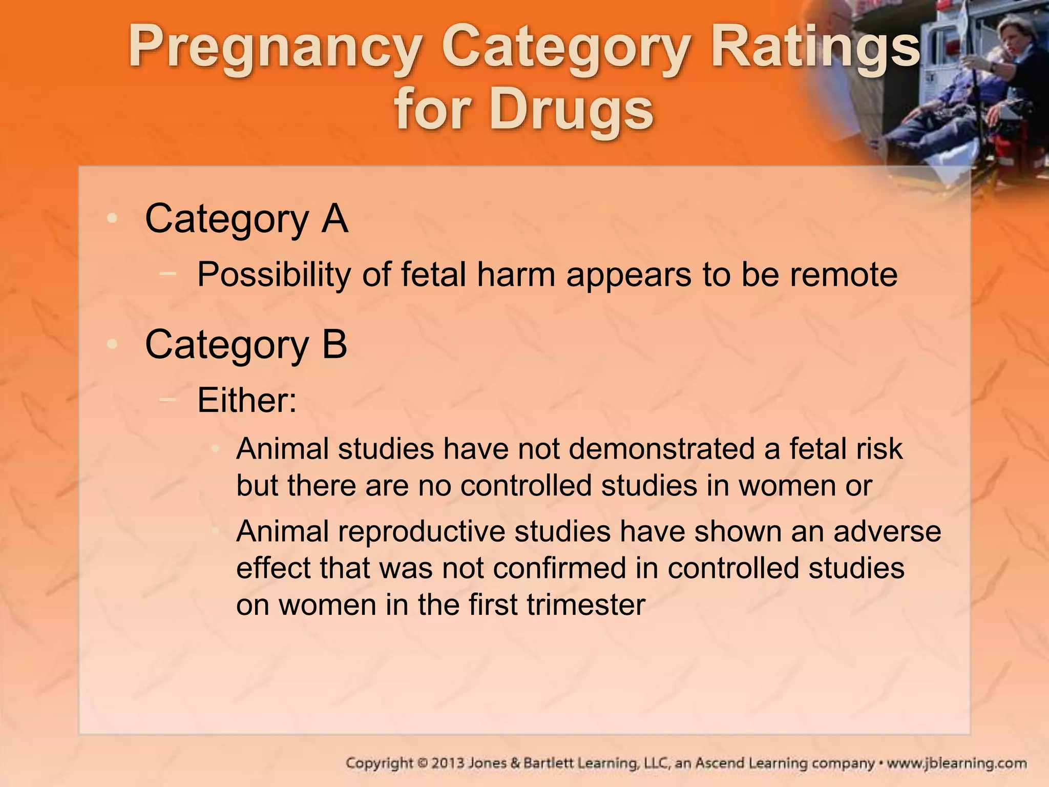 Pregnancy Category Ratings
for Drugs
• Category A
− Possibility of fetal harm appears to be remote
• Category B
− Either:
• Animal studies have not demonstrated a fetal risk
but there are no controlled studies in women or
• Animal reproductive studies have shown an adverse
effect that was not confirmed in controlled studies
on women in the first trimester
 