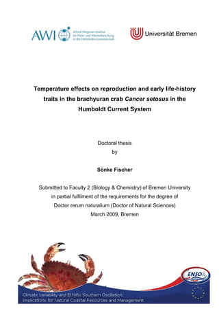 Temperature effects on reproduction and early life-history
traits in the brachyuran crab Cancer setosus in the
Humboldt Current System
Doctoral thesis
by
Sönke Fischer
Submitted to Faculty 2 (Biology & Chemistry) of Bremen University
in partial fulfilment of the requirements for the degree of
Doctor rerum naturalium (Doctor of Natural Sciences)
March 2009, Bremen
 