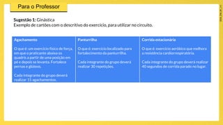 Sugestão 1: Ginástica
Exemplo de cartões com o descritivo do exercício, para utilizar no circuito.
Agachamento
O que é: um exercício físico de força,
em que o praticante abaixa os
quadris a partir de uma posição em
pé e depois se levanta. Fortalece
pernas e glúteos.
Cada integrante do grupo deverá
realizar 15 agachamentos.
Panturrilha
O que é: exercício localizado para
fortalecimento da panturrilha.
Cada integrante do grupo deverá
realizar 30 repetições.
Corrida estacionária
O que é: exercício aeróbico que melhora
a resistência cardiorrespiratória.
Cada integrante do grupo deverá realizar
40 segundos de corrida parado no lugar.
 