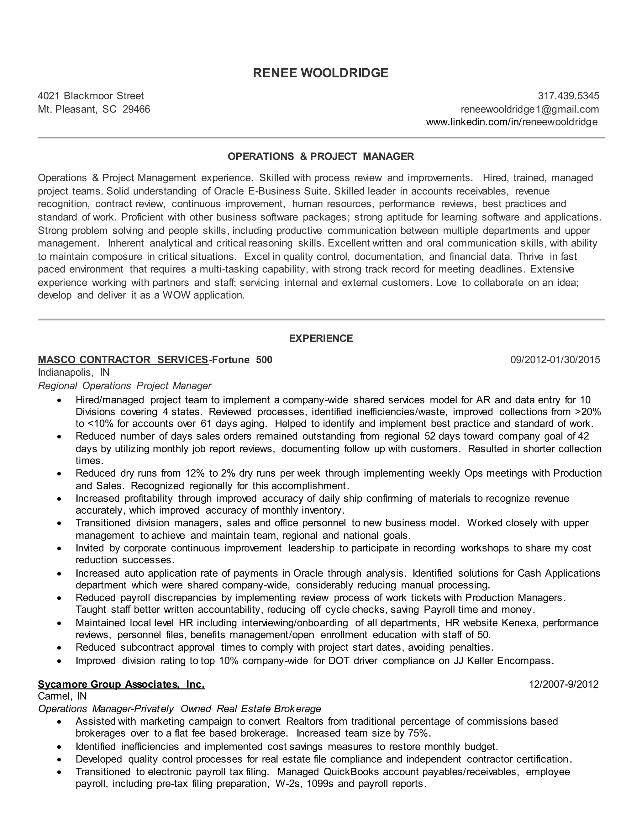 Operations & Project Manager Resume Wooldridge | DOCX