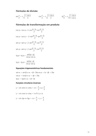 Análise Combinatória / Probabilidades 
Número binomial: 
n 
p 
= 
n! 
p!(n – p)! 
=C = 
combinação de n objeto 
n, p 

 
  
 
  
s distintos 
agrupados de p em p 

 
  
 
  
Teorema binomial: (a + b)n= 
n 
0 

 
  
 
  
anb0 + 
n 
1 

 
  
 
  
an – 1b1+. . .+ 
n 
n 

 
  
 
  
a0bn = 
n 
i 
n 

 n–i i 
a b 
i o 
  
 
  
  
Arranjo: An, p = 
n! 
(n – p)! 
 n objetos distintos seqüenciados (enfileirados) de p em p 
Permutação de n objetos distintos: Pn = n! 
Probabilidade de ocorrer um evento = 
n.o de elementos do conjunto evento 
n.o de elementos do espaço amostral 
= 
n(A) 
n(E) 
=P(A) 
probabilidade de ocorrer 
o evento A 
e em se 

 
  
 
  
guida 
ocorrer o 
evento B 
= 

 
  
 
  
= 
probabilidade de 
ocorrer o evento A 
x 
prob 

 
  
 
  
abilidade de 
ocorrer o evento B 
sabendo que A ocorreu 

 
 
 
 
 
 
 Teorema da multiplicação 
Exemplo: 
Conjuntos, Funções e Inequações 
Relação 
Considerando dois conjuntos A e B, não-vazios, chamamos relação (binária) de A e B a 
qualquer subconjunto do produto cartesiano ( A x B = {(x; y) / x A  x B}). 
Definição 
Uma relação f de A em B é uma função de A em B, se, para todo x A, existe um único y 
 B tal que (x; y) f. (Indica-se: f : A B). 
12 
Permutação de elementos repetidos: Pn 
,,  = 
n! 
!!! 
,  objetos iguais entre si 
 objetos iguais entre si 
 objetos iguais entre si 
2 bolas azuis 
5 bolas verdes 
P 
tirar uma bola azul e em 
seguida uma bola azul 

 
  
 
  
= 
2 
7 
1 
6 
 
chance de retirar uma 
bola azul sabendo que 
já saiu uma azul 
 