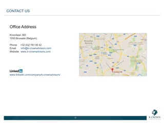 17
Kroonlaan 365
1050 Brussels (Belgium)
Phone +32 (0)2 781 00 42
Email info@b-crownadvisors.com
Website www.b-crownadvisors.com
www.linkedin.com/company/b-crownadvisors/
Office Address
CONTACT US
 