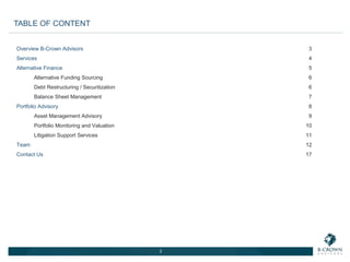 Overview B-Crown Advisors 3
Services 4
Alternative Finance 5
Alternative Funding Sourcing 6
Debt Restructuring / Securitization 6
Balance Sheet Management 7
Portfolio Advisory 8
Asset Management Advisory 9
Portfolio Monitoring and Valuation 10
Litigation Support Services 11
Team 12
Contact Us 17
2
TABLE OF CONTENT
 