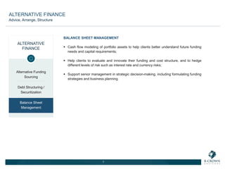 BALANCE SHEET MANAGEMENT
 Cash flow modeling of portfolio assets to help clients better understand future funding
needs and capital requirements;
 Help clients to evaluate and innovate their funding and cost structure, and to hedge
different levels of risk such as interest rate and currency risks;
 Support senior management in strategic decision-making, including formulating funding
strategies and business planning.
7
ALTERNATIVE
FINANCE
Alternative Funding
Sourcing
Debt Structuring /
Securitization
Balance Sheet
Management
ALTERNATIVE FINANCE
Advice, Arrange, Structure
 