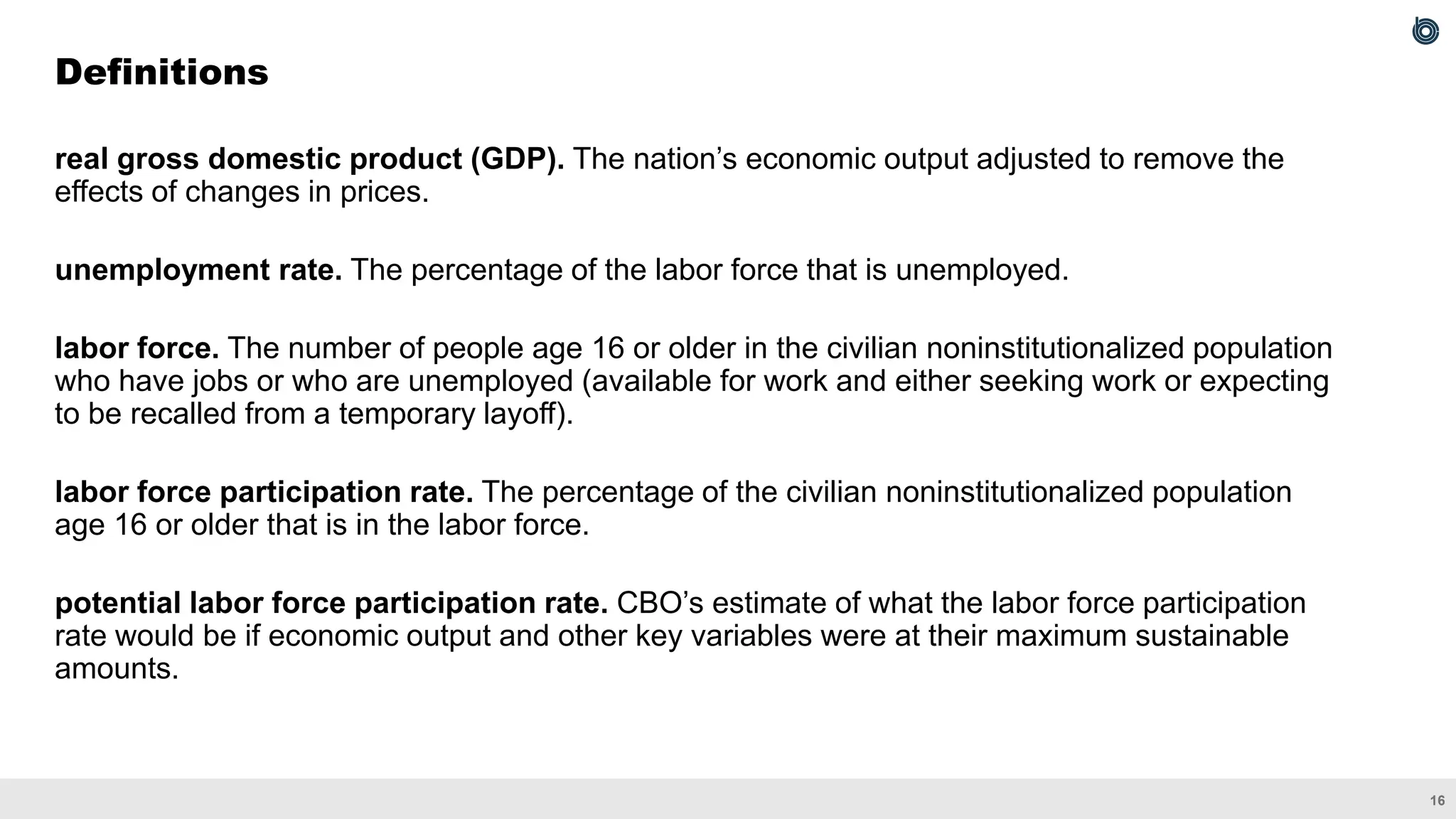 16
real gross domestic product (GDP). The nation’s economic output adjusted to remove the
effects of changes in prices.
unemployment rate. The percentage of the labor force that is unemployed.
labor force. The number of people age 16 or older in the civilian noninstitutionalized population
who have jobs or who are unemployed (available for work and either seeking work or expecting
to be recalled from a temporary layoff).
labor force participation rate. The percentage of the civilian noninstitutionalized population
age 16 or older that is in the labor force.
potential labor force participation rate. CBO’s estimate of what the labor force participation
rate would be if economic output and other key variables were at their maximum sustainable
amounts.
Definitions
 