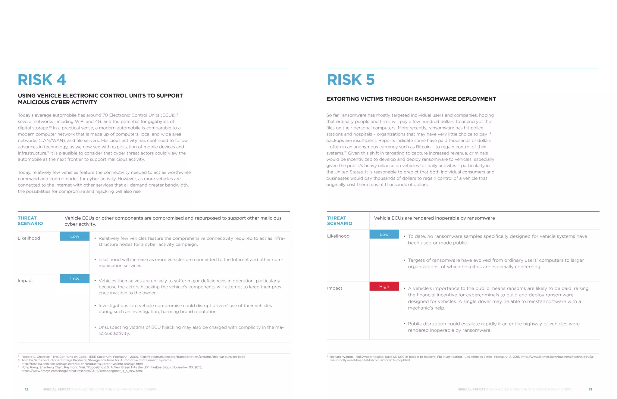 THREAT
SCENARIO
Vehicle ECUs or other components are compromised and repurposed to support other malicious
cyber activity.
Likelihood Low •	 Relatively few vehicles feature the comprehensive connectivity required to act as infra-
structure nodes for a cyber activity campaign.
•	 Likelihood will increase as more vehicles are connected to the Internet and other com-
munication services.
Impact Low •	 Vehicles themselves are unlikely to suffer major deficiencies in operation, particularly
because the actors hijacking the vehicle’s components will attempt to keep their pres-
ence invisible to the owner.
•	 Investigations into vehicle compromise could disrupt drivers’ use of their vehicles
during such an investigation, harming brand reputation.
•	 Unsuspecting victims of ECU hijacking may also be charged with complicity in the ma-
licious activity.
RISK 4
USING VEHICLE ELECTRONIC CONTROL UNITS TO SUPPORT
MALICIOUS CYBER ACTIVITY
Today’s average automobile has around 70 Electronic Control Units (ECUs),9
several networks including WiFi and 4G, and the potential for gigabytes of
digital storage.10
In a practical sense, a modern automobile is comparable to a
modern computer network that is made up of computers, local and wide area
networks (LAN/WAN), and file servers. Malicious activity has continued to follow
advances in technology, as we now see with exploitation of mobile devices and
infrastructure.11
It is plausible to consider that cyber threat actors could view the
automobile as the next frontier to support malicious activity.
Today, relatively few vehicles feature the connectivity needed to act as worthwhile
command and control nodes for cyber activity. However, as more vehicles are
connected to the Internet with other services that all demand greater bandwidth,
the possibilities for compromise and hijacking will also rise.
THREAT
SCENARIO
Vehicle ECUs are rendered inoperable by ransomware
Likelihood Low •	 To date, no ransomware samples specifically designed for vehicle systems have
been used or made public.
•	 Targets of ransomware have evolved from ordinary users’ computers to larger
organizations, of which hospitals are especially concerning.
Impact High •	 A vehicle’s importance to the public means ransoms are likely to be paid, raising
the financial incentive for cybercriminals to build and deploy ransomware
designed for vehicles. A single driver may be able to reinstall software with a
mechanic’s help.
•	 Public disruption could escalate rapidly if an entire highway of vehicles were
rendered inoperable by ransomware.
RISK 5
EXTORTING VICTIMS THROUGH RANSOMWARE DEPLOYMENT
So far, ransomware has mostly targeted individual users and companies, hoping
that ordinary people and firms will pay a few hundred dollars to unencrypt the
files on their personal computers. More recently, ransomware has hit police
stations and hospitals – organizations that may have very little choice to pay if
backups are insufficient. Reports indicate some have paid thousands of dollars
– often in an anonymous currency such as Bitcoin – to regain control of their
systems.12
Given this shift in targeting to capture increased revenue, criminals
would be incentivized to develop and deploy ransomware to vehicles, especially
given the public’s heavy reliance on vehicles for daily activites – particularly in
the United States. It is reasonable to predict that both individual consumers and
businesses would pay thousands of dollars to regain control of a vehicle that
originally cost them tens of thousands of dollars.
9
	 Robert N. Charette, “This Car Runs on Code,” IEEE Spectrum, February 1, 2009, http://spectrum.ieee.org/transportation/systems/this-car-runs-on-code
10	
Toshiba Semiconductor & Storage Products, Storage Solutions for Automotive Infotainment Systems,
http://toshiba.semicon-storage.com/ap-en/product/automotive/info-storage.html
11
	 Yong Kang, Zhaofeng Chen, Raymond Wei, “XcodeGhost S: A New Breed Hits the US,” FireEye Blogs, November 03, 2015,
https://www.fireeye.com/blog/threat-research/2015/11/xcodeghost_s_a_new.html
12
	 Richard Winton, “Hollywood hospital pays $17,000 in bitcoin to hackers; FBI investigating,” Los Angeles Times, February 18, 2016, http://www.latimes.com/business/technology/la-
me-ln-hollywood-hospital-bitcoin-20160217-story.html
	 SPECIAL REPORT / CONNECTED CARS: THE OPEN ROAD FOR HACKERS	 1312	 SPECIAL REPORT / CONNECTED CARS: THE OPEN ROAD FOR HACKERS
 