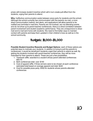 10
prizes will increase student incentive which will in turn create pull effect from the
students, urging their parents to attend.
Why: Ineffective communication exists between pizza party for students and the school.
Although the school currently has communication with the parents via mail, a more
direct communication method, text alerts, and applications will allow parents to be
notified and reminded in real time. Parents are not involved, are not attending events,
and do not show up to parent teacher conferences, there is a direct correlation between
parent involvement and student academic performance. They are unresponsive to direct
mail and to mail sent home with students. We need to find better ways to maintain
contact with parents and keep them updated in their children's lives as well as in the
school community.
Budget: $1,000-$2,000
Possible Student Incentive Rewards and Budget Options: each of these options are
potential ways to motivate your students. In addition to trying to pull the parents to
conferences, it would be beneficial if students urged their parents to attend as well. By
getting the students involved with parent-teacher conferences, they will be more
motivated for their parents to attend. These are just a few possibilities.
1. Yearbook raffle: awarded to a student whose parent attended conferences
$50-70
2. Both conferences total cost: $140
3. Cost of apparel raffle: if three winners were to be chosen at each conference
estimated total based on average apparel cost total: $240
4. Cost for possible pizza party: $300 for students whose parents attended
conferences
 