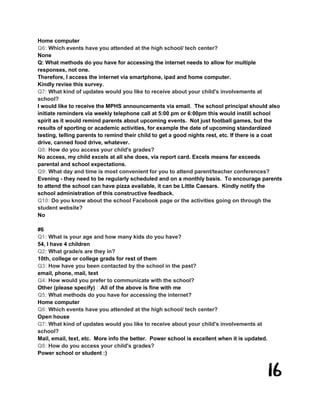 16
Home computer
Q6: Which events have you attended at the high school/ tech center?
None
Q: What methods do you have for accessing the internet needs to allow for multiple
responses, not one.
Therefore, I access the internet via smartphone, ipad and home computer.
Kindly revise this survey.
Q7: What kind of updates would you like to receive about your child's involvements at
school?
I would like to receive the MPHS announcements via email. The school principal should also
initiate reminders via weekly telephone call at 5:00 pm or 6:00pm this would instill school
spirit as it would remind parents about upcoming events. Not just football games, but the
results of sporting or academic activities, for example the date of upcoming standardized
testing, telling parents to remind their child to get a good nights rest, etc. If there is a coat
drive, canned food drive, whatever.
Q8: How do you access your child's grades?
No access, my child excels at all she does, via report card. Excels means far exceeds
parental and school expectations.
Q9: What day and time is most convenient for you to attend parent/teacher conferences?
Evening - they need to be regularly scheduled and on a monthly basis. To encourage parents
to attend the school can have pizza available, it can be Little Caesars. Kindly notify the
school administration of this constructive feedback.
Q10: Do you know about the school Facebook page or the activities going on through the
student website?
No
#6
Q1: What is your age and how many kids do you have?
54, I have 4 children
Q2: What grade/s are they in?
10th, college or college grads for rest of them
Q3: How have you been contacted by the school in the past?
email, phone, mail, text
Q4: How would you prefer to communicate with the school?
Other (please specify)  All of the above is fine with me
Q5: What methods do you have for accessing the internet?
Home computer
Q6: Which events have you attended at the high school/ tech center?
Open house
Q7: What kind of updates would you like to receive about your child's involvements at
school?
Mail, email, text, etc. More info the better. Power school is excellent when it is updated.
Q8: How do you access your child's grades?
Power school or student :)
 
