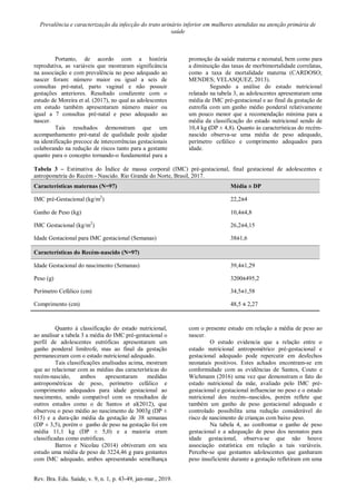 Prevalência e caracterização da infecção do trato urinário inferior em mulheres atendidas na atenção primária de
saúde
Rev. Bra. Edu. Saúde, v. 9, n. 1, p. 43-49, jan-mar., 2019.
Portanto, de acordo com a história
reprodutiva, as variáveis que mostraram significância
na associação e com prevalência no peso adequado ao
nascer foram: número maior ou igual a seis de
consultas pré-natal, parto vaginal e não possuir
gestações anteriores. Resultado condizente com o
estudo de Moreira et al. (2017), no qual as adolescentes
em estudo também apresentaram número maior ou
igual a 7 consultas pré-natal e peso adequado ao
nascer.
Tais resultados demonstram que um
acompanhamento pré-natal de qualidade pode ajudar
na identificação precoce de intercorrências gestacionais
colaborando na redução de riscos tanto para a gestante
quanto para o concepto tornando-o fundamental para a
promoção da saúde materna e neonatal, bem como para
a diminuição das taxas de morbimortalidade correlatas,
como a taxa de mortalidade materna (CARDOSO;
MENDES; VELASQUEZ, 2013).
Segundo a análise do estado nutricional
relatado na tabela 3, as adolescentes apresentaram uma
média de IMC pré-gestacional e ao final da gestação de
eutrofia com um ganho médio ponderal relativamente
um pouco menor que a recomendação mínima para a
média da classificação do estado nutricional sendo de
10,4 kg (DP ± 4,8). Quanto às características do recém-
nascido observa-se uma média de peso adequado,
perímetro cefálico e comprimento adequados para
idade.
Tabela 3 – Estimativa do Índice de massa corporal (IMC) pré-gestacional, final gestacional de adolescentes e
antropometria do Recém - Nascido. Rio Grande do Norte, Brasil, 2017.
Características maternas (N=97) Média ± DP
IMC pré-Gestacional (kg/m2
) 22,2±4
Ganho de Peso (kg) 10,4±4,8
IMC Gestacional (kg/m2
) 26,2±4,15
Idade Gestacional para IMC gestacional (Semanas) 38±1,6
Características do Recém-nascido (N=97)
Idade Gestacional do nascimento (Semanas) 39,4±1,29
Peso (g) 3200±495,2
Perímetro Cefálico (cm) 34,5±1,58
Comprimento (cm) 48,5 ± 2,27
Quanto à classificação do estado nutricional,
ao analisar a tabela 3 a média do IMC pré-gestacional o
perfil de adolescentes eutróficas apresentaram um
ganho ponderal limítrofe, mas ao final da gestação
permaneceram com o estado nutricional adequado.
Tais classificações analisadas acima, mostram
que ao relacionar com as médias das características do
recém-nascido, ambos apresentaram medidas
antropométricas de peso, perímetro cefálico e
comprimento adequados para idade gestacional ao
nascimento, sendo compatível com os resultados de
outros estudos como o de Santos et al(2012), que
observou o peso médio ao nascimento de 3003g (DP ±
615) e a dura-ção média da gestação de 38 semanas
(DP ± 3,5), porém o ganho de peso na gestação foi em
média 11,1 kg (DP ± 5,0) e a maioria eram
classificadas como eutróficas.
Barros e Nicolau (2014) obtiveram em seu
estudo uma média de peso de 3224,46 g para gestantes
com IMC adequado, ambos apresentando semelhança
com o presente estudo em relação a média de peso ao
nascer.
O estudo evidencia que a relação entre o
estado nutricional antropométrico pré-gestacional e
gestacional adequado pode repercutir em desfechos
neonatais positivos. Estes achados encontram-se em
conformidade com as evidências de Santos, Couto e
Wichmann (2016) uma vez que demonstram o fato do
estado nutricional da mãe, avaliado pelo IMC pré-
gestacional e gestacional influenciar no peso e o estado
nutricional dos recém--nascidos, porém reflete que
também um ganho de peso gestacional adequado e
controlado possibilita uma redução considerável do
risco de nascimento de crianças com baixo peso.
Na tabela 4, ao confrontar o ganho de peso
gestacional e a adequação de peso dos neonatos para
idade gestacional, observa-se que não houve
associação estatística em relação a tais variáveis.
Percebe-se que gestantes adolescentes que ganharam
peso insuficiente durante a gestação refletiram em uma
 