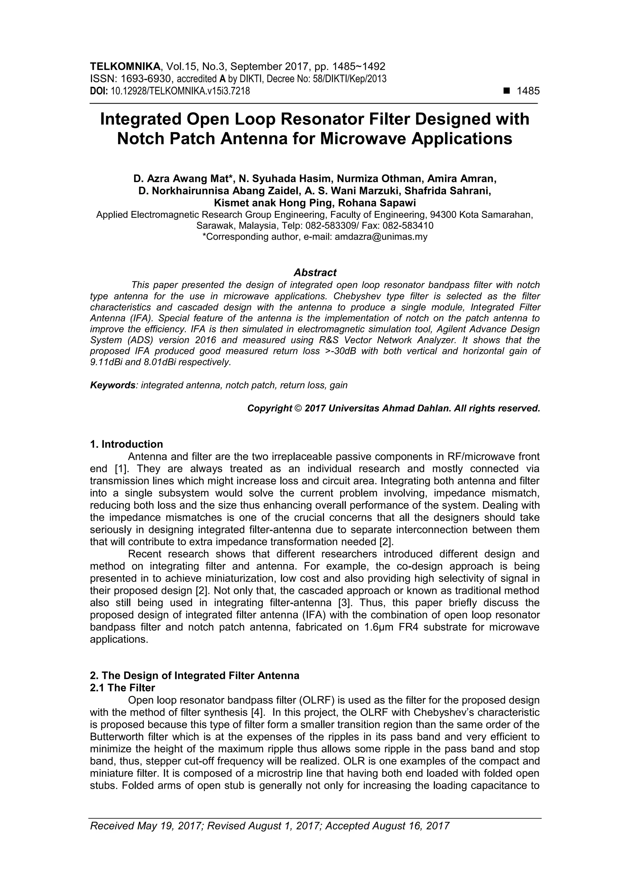 Integrated Open Loop Resonator Filter Designed with Notch Patch Antenna for Microwave