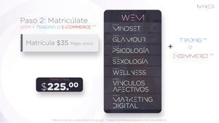 WEM + TRADING O E-COMMERCE
Paso 2: Matricúlate
Matrícula $35 Pago único
*PRECIOS NO INCLUYEN IMPUESTOS DE LEY. **PAQUETES PROMOCIONALES POR LANZAMIENTO.
$
TRIMESTRAL
Ó
**
**
**
 
