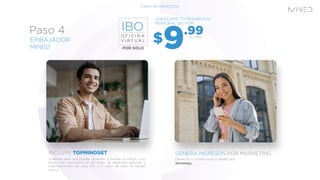 EMBAJADOR
MINED
Paso 4 IBO
O F I C I N A
V I R T U A L
INCLUYE
Diseñada para que puedas aprender y sacarle provecho a los
libros más destacados en las áreas de desarrollo personal y
emprendimiento del siglo XXI, y lo mejor de todo, en tiempo
récord.
GENERA INGRESOS POR MARKETING
Desarrolla tu propio negocio desde casa.
AL MES
*LIBRE DE IMPUESTOS.
AQDQUIERE TU FRANQUICIA
PERSONAL IBO POR:
 