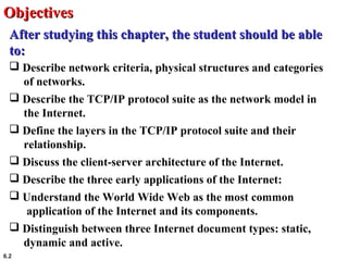 6.2
 Describe network criteria, physical structures and categories
of networks.
 Describe the TCP/IP protocol suite as the network model in
the Internet.
 Define the layers in the TCP/IP protocol suite and their
relationship.
 Discuss the client-server architecture of the Internet.
 Describe the three early applications of the Internet:
 Understand the World Wide Web as the most common
application of the Internet and its components.
 Distinguish between three Internet document types: static,
dynamic and active.
ObjectivesObjectives
After studying this chapter, the student should be ableAfter studying this chapter, the student should be able
to:to:
 